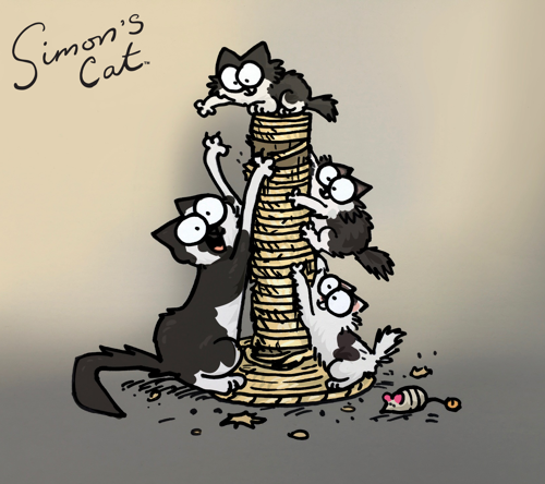 Simon's Cat illustration of one black-and-white cat and three black-and-white kittens climbing on a scratch post