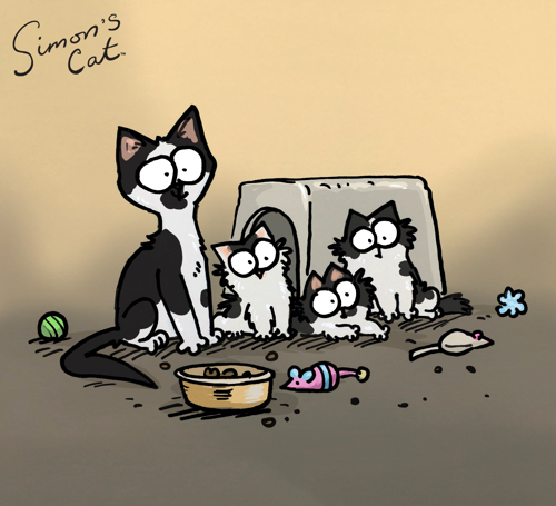 Simon's Cat illustration of one black-and-white cat and three black-and-white kittens