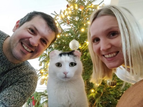 man with short brown hair and grey jumper and woman with short blonde hair with black-and-white cat missing its ears sat between them and a Christmas tree in the background