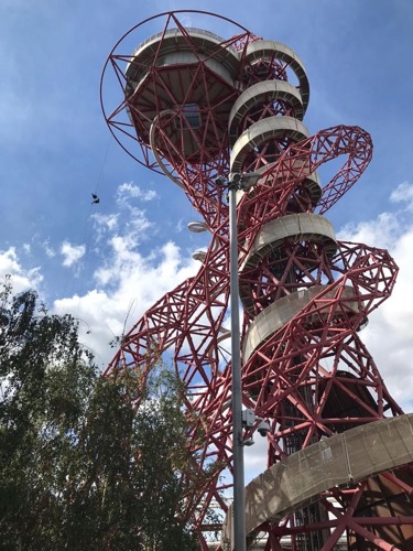 Two people abseiling off of ArcelorMittal Orbit tower in London’s Queen Elizabeth Olympic Park