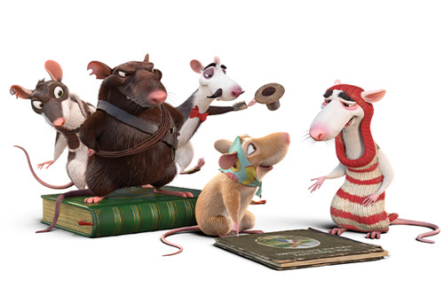 illustration of five rats wearing clothes and sitting on some books