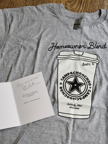 grey-t-shirt with coffee cup design on it and a handwritten card from Bob Mortimer