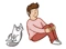 Cartoon man and cat sat down
