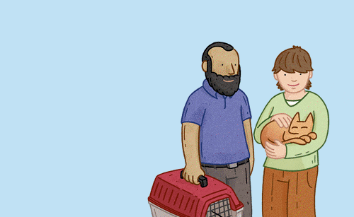 animated illustration of man with woman holding and stroking ginger cat