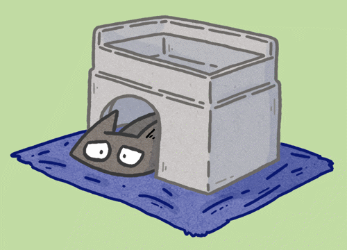 animated illustration of black cat scared and hiding under cat hide