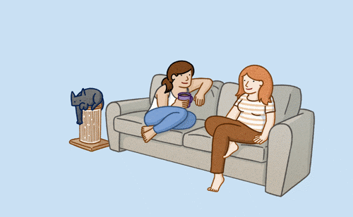 animated illustration of two women chatting on sofa while black cat scratches scratch post