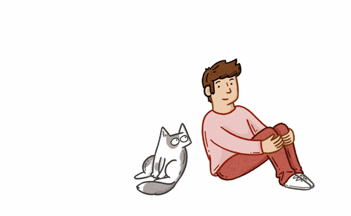 animated illustration of man and cat sitting side by side looking at each other