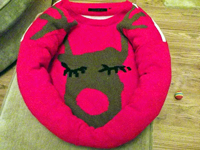 cat bed made from reindeer christmas jumper