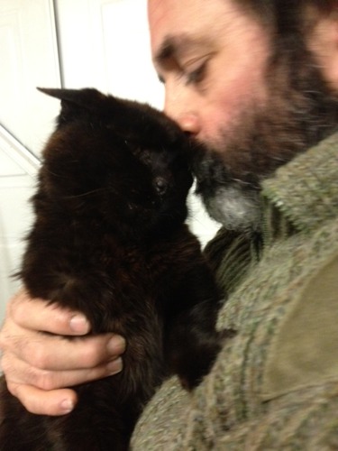 Man kissing a black cat's head