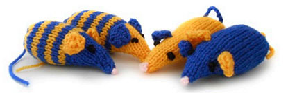 yellow and blue knitted mouse toys