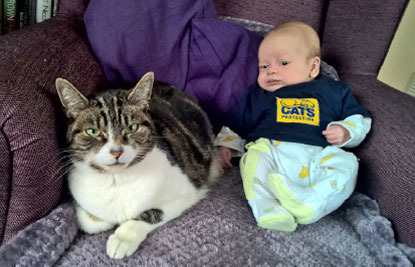 tabby and white cat sitting next to baby in Cats Protection t-shirt