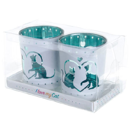 White and teal tealight candle holders with laser cut cats in love heart