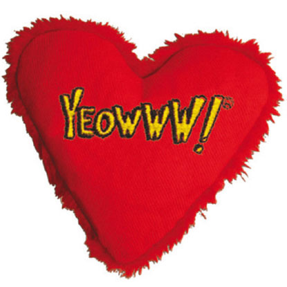 Heart-shaped catnip cat toy that says 'Yeowww'
