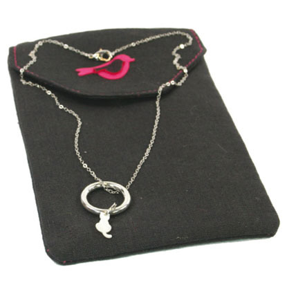 Necklace with a cat pendent and a black gift bag