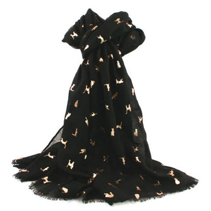 black scarf with rose gold cat print
