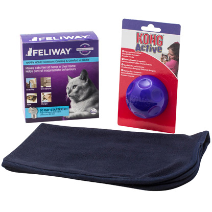 Feliway Classic Diffuser, Kong Active Treat Ball and cat blanket