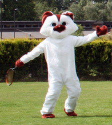 person in cat costume playing tennis