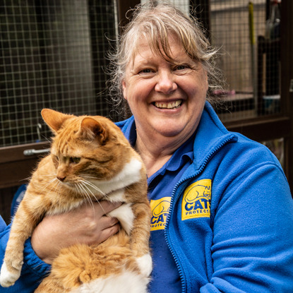 Volunteer at Cats Protection holding ginger cat