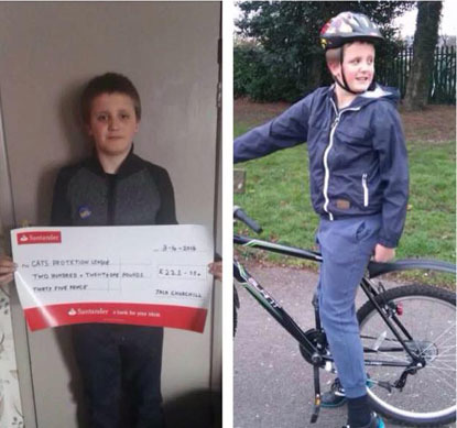 collage of boy holding big cheque and on his bicycle