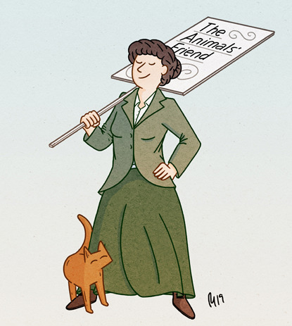 Illustration of Cats Protection League founder Jessey Wade with ginger cat