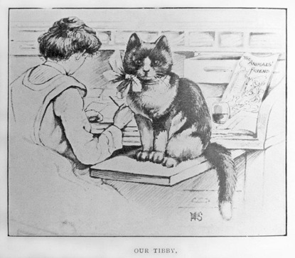 illustration of Cats Protection founder Jessey Wade sitting at desk with black cat