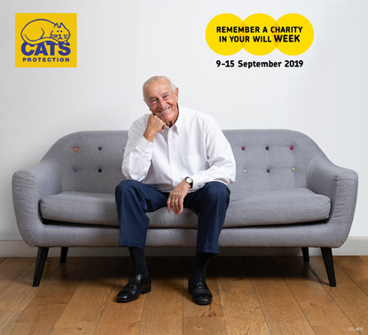 Len Goodman sitting on sofa with Cats Protection logo and Remember a Charity in Your Will Week logo
