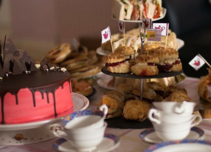 chocolate velvet cake, scones, sandwiches, cups and saucers