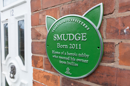 Green house plaque on outside of house for pet cat smudge