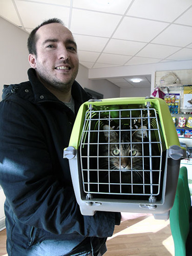 man holding cat carrier holding tabby cat