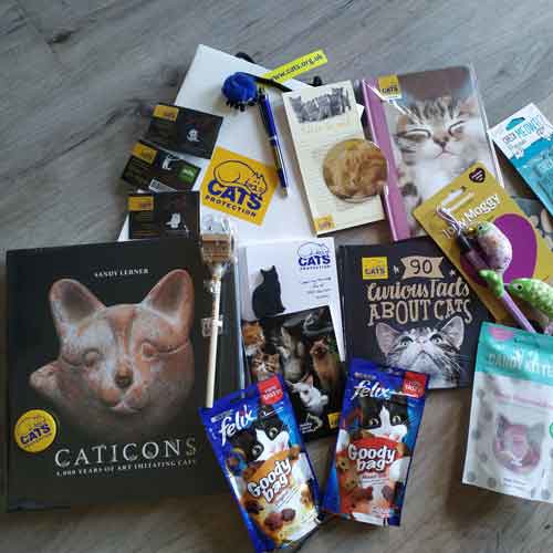 Cats Protection goody bag contents books, treats, magazines and cat toys