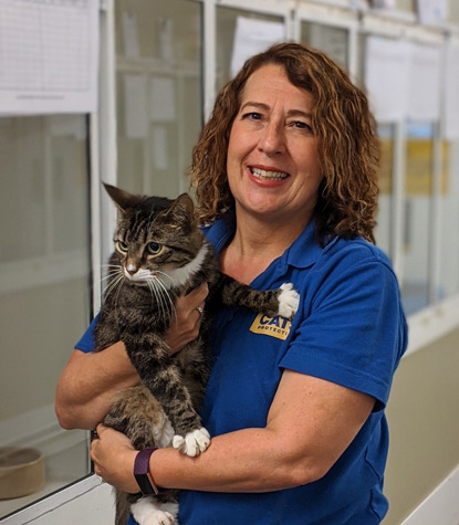 brunette woman in blue Cats Protection t-shirt holding a tabby cat