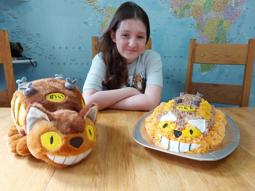 Young brunette girl with cat cake and cat soft toy