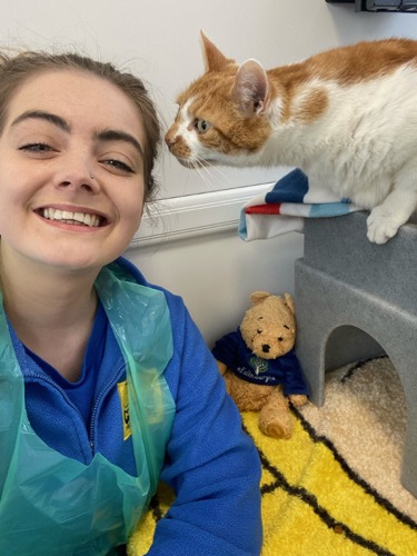 Brunette woman weraing blue Cats Protection fleece and plastic apron smiling next to ginger-and-white cat