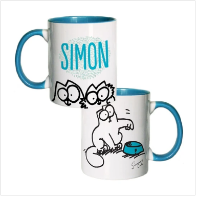 Front and back view of a white-and-blue Simon's Cat mug with 'Simon' written on the front