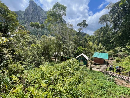 photos of the a Madagascar landscape with mountains in the background and green forest and some small houses in the foreground