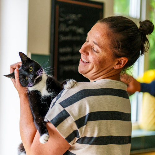 a woman with brunette hair tied up in a bun and wearing a dark-blue-and-white stripy t-shirt holding a black-and-white cat. The cat is resting their front paws on her arm and shoulder. She is giving the cat a fuss behind the ears.