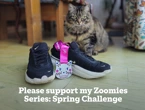 Image of a cat-shaped medal resting against a pair of black running shoes. A tabby cat sits behind the shoes. The text "Please support my Zoomies Series: Spring Challenge" overlays the image