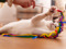 A white cat lying on their side reaching up for a rainbow coloured fishing rod toy