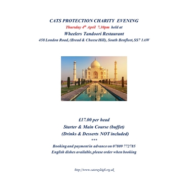Charity Curry Night on 4 April 2019 to help the cats Charity Curry Night on 4 April 2019 to help the cats